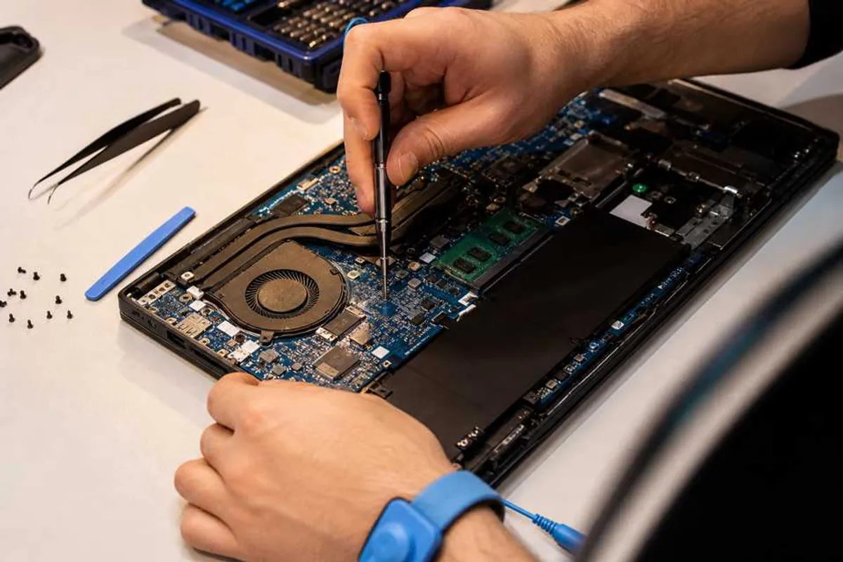 Técnico realizando conserto de notebook aberto em bancada de assistência técnica em Vila Maria